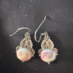 Vintage Intricate Sterling Silver Scroll French Hook Oval Jasper Dangle Earrings